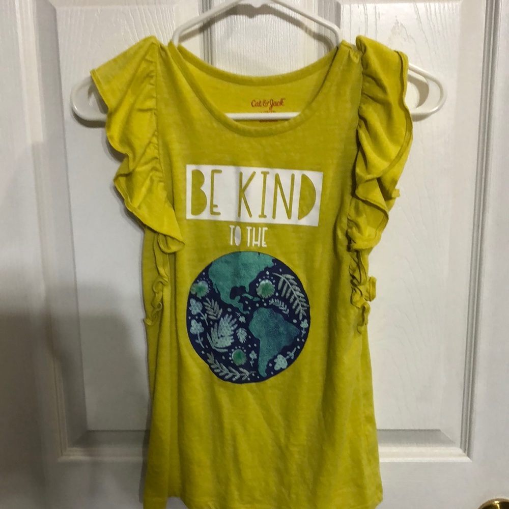 Cat & Jack yellow-green ruffled tank top with logo “Be kind to the” earth